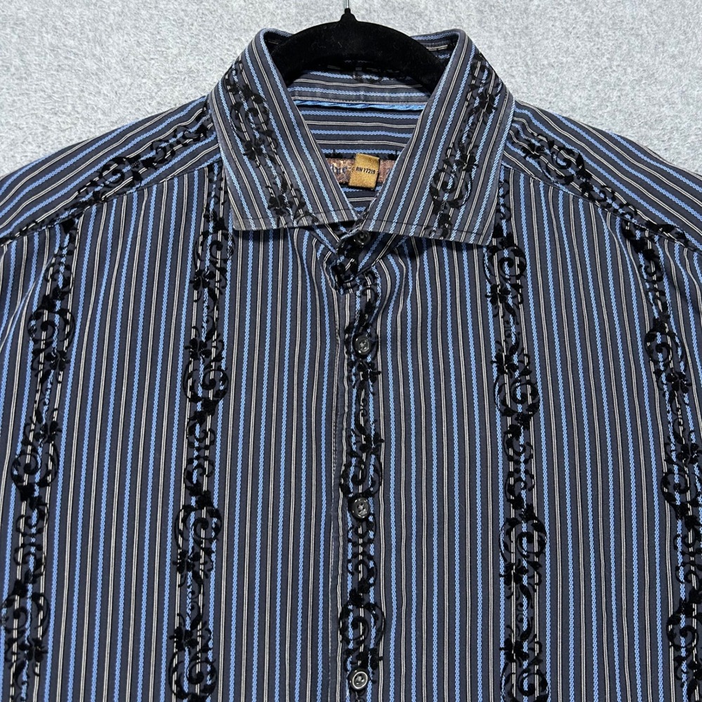 Blue by Barneys New York Button Down Shirt Mens 2XLT Blue Stripe Velvet Gothic